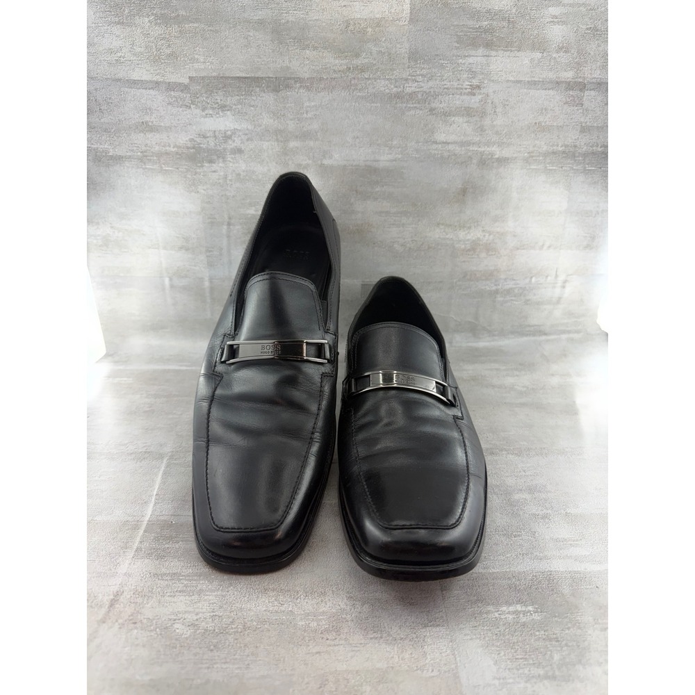 Hugo Boss Men Black Leather Square Toe Loafers Metal Logo Bar Sz 12W 50200774